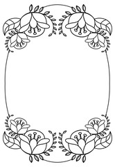 Elegant oval frame with contours of flowers. Vector clip art.