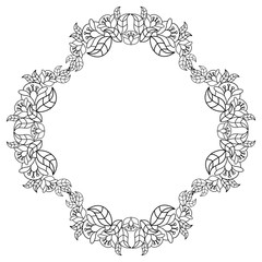 Elegant round frame with contours of flowers.  Vector clip art.