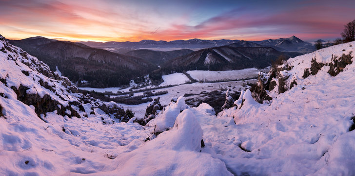 Winter mountain landscape panorama before sunrise