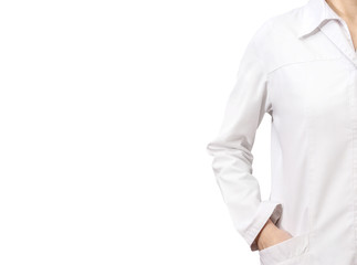 Female doctor in white medical robe isolated on white.