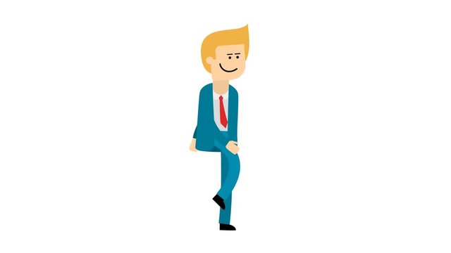 Blonde man in a blue suit and red tie walk animation. Looped footage with a transparent background PNG+Alpha.