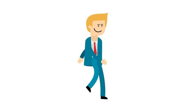 Blond man in a blue suit standing, walking, stops. Footage looped animation on transparent background PNG+Alpha.