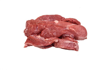 Raw pork meat (hind leg) cut into slices lying on a white backgr