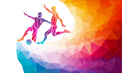 Soccer players. Footballers kicks the ball in trendy abstract colorful polygon style with rainbow back