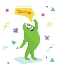Funny monster waving his hand. Geometric colorful background. Cartoon character .Dialogue cartoon. Vector illustrations. Cheerful toothed monster. Geometric background. The cross, square, dot. - 134309658