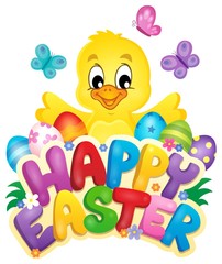 Happy Easter sign with chicken and eggs