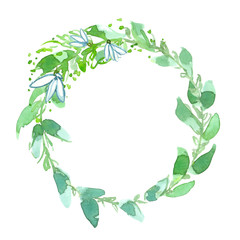 Simple round green wreath with pale green leaves and snowdrops painted in watercolor on clean white background