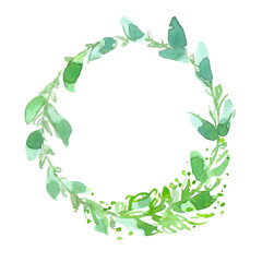 Fototapeta premium Simple round green wreath with pale green leaves painted in watercolor on clean white background