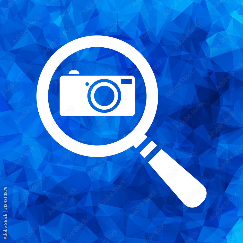 Poster flat search icon with photo camera on a blue triangular polygona