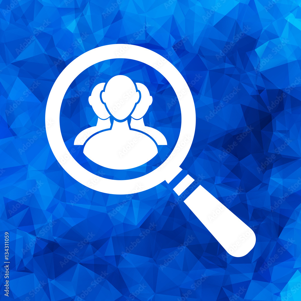 Poster flat search icon with user group people on a blue triangular pol