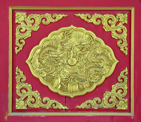 golden dragon decorated on red wood wall, chinese style in temple at Wat-Leng-Noei-Yi2  Nonthaburi Province, Thailand
