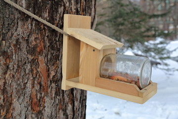Birdhouse-feeder in the snowbound winter city park