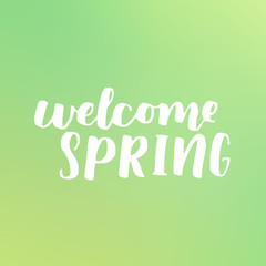 Vector seasonal greeting card of hand-written spring brush lettering. Spring collection white ink aon dreamy gradient background. Trendy greenery color of spring 2017.