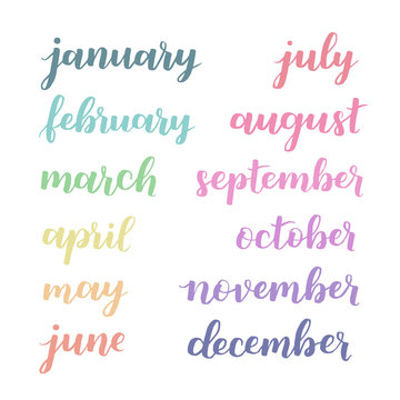 Calligraphic set of months of the year. Brush handwritten Hand lettering names of months. Calligraphic isolated set in multicolored ink on white isolated background. Vector illustration