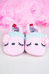 Pink little girlie baby shoes on a wooden floor