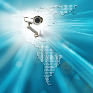 Conceptual north and south America map formed by binary numbers and security camera. 3D illustration.