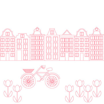 Amsterdam city flat line art. Travel landmark, architecture of netherlands, Holland houses, european building isolated set, bike and flowers