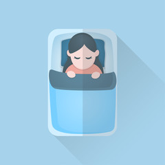 Young Woman in Blanket Sleeping on bed, Cartoon icon, vector illustration.