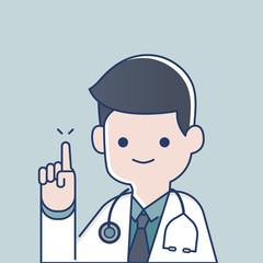 Medical doctor pointing finger up to screen with stethoscope, vector character illustration...