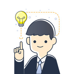 Businessman pointing to light bulb having a good idea, vector illustration.