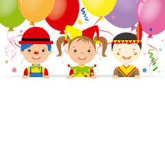 Fototapeta premium costume party card. Clown, harlequin and indian with poster.