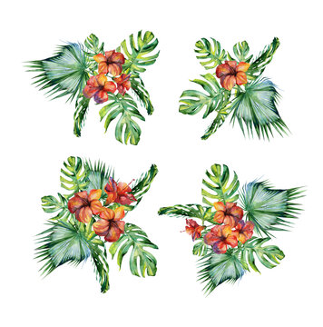 Watercolor illustration set of tropical leaves and hibiscus, dense jungle. Collection with tropic summertime motif may be used as background texture, card or cloth illustration, textile design. 
