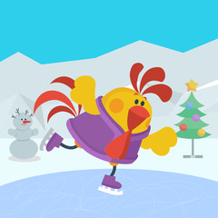 Rooster Bird Skate on Skating Ring. Cock in Sport