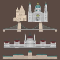 Fototapeta premium Hungarian City sights in Budapest. Hungary Landmark Travel And Journey Architecture Elements Buda castle, Chain Bridge. Budapest parliament, Fisherman's bastion, St. Istvan basilica