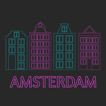 Amsterdam city flat line art. Travel landmark, architecture of netherlands, Holland houses, european building isolated set, nightlife neon light