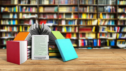 E-book reader Books and tablet library background 3d illustratio