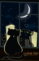 Valentine's day background. Lovers of cats looking at the night cityscape. It can be used as greeting card, poster, background. Vector. Abstract.