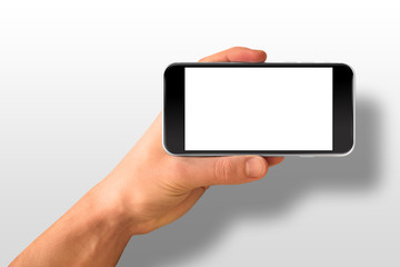 Man hand holding horizontal the black smartphone