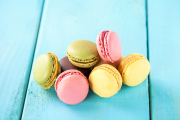 Macarons on the table, selective focus, copy space