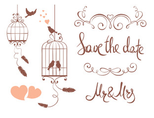 Set design elements for Wedding / Classic vector ornaments for invitation with birds