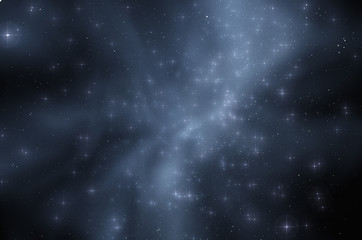 Stylized night sky illustration. Abstract outer space background with stars and nebula in blue light
