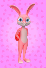Cheerful rabbit hiding big red heart behind the back on a pink b