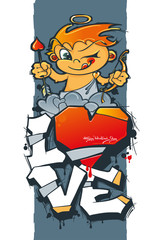 Happy Valentine's day. Cupid with arrows and hearts. Valentine graffiti