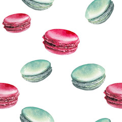 Watercolor macaroons seamless pattern. Hand painted texture with food objects on white background. French dessert wallpaper design