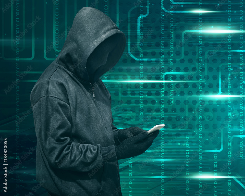 Aufkleber hacker with mask touching a smartphone screen
