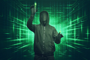 Hacker man with vendetta mask hacking binary system security code
