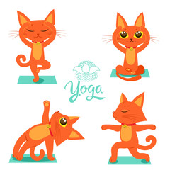 Set Cartoon Funny Cats Icons Doing Yoga Position. Cartoon Meditation Vector. Yoga Pose Vector. Cute Yoga Cat. T-Shirt Print Design. Gymnastics and Health.