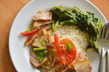 spicy pig ear salad and stir fried Chinese cabbage on rice