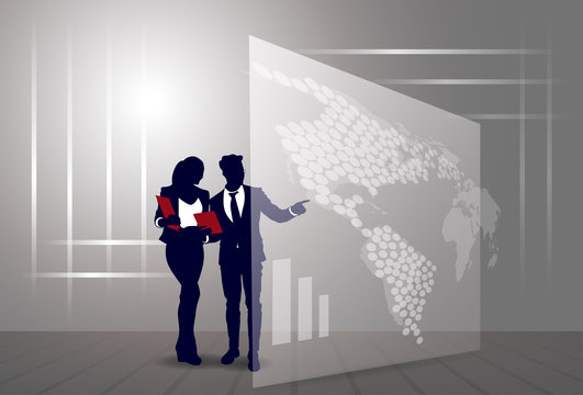 Silhouette Businesspeople Group Business Man And Woman Sketch Abstract World Map Background Vector Illustration