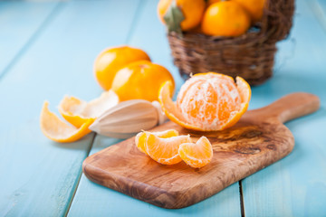 tangerines on a table, selective focus, copy space