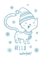 Card with cute cartoon cat  in scarf  and hat. Winter time. Snow day. Little kitten  in clothes. Funny animal. Vector contour image no fill. Children's illustration.