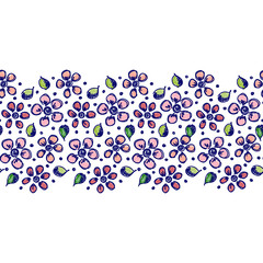 Seamless vector hand drawn floral pattern, endless border Colorful frame with flowers, leaves. Decorative cute graphic line drawing illustration. Print for wrapping, background, fabric, decor, textile