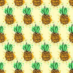 Seamless vector pattern. Hand drawn fruits illustration of colorful pineapple with splash and drop, cute background. Line drawing, Series of fruits vector seamless Patterns.