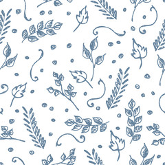 Fototapeta premium Seamless vector pattern, hand drawn background with flowers, branch, leaves, dots. Hand sketch drawing. Doodle funny style. Series of Hand Drawn seamless childish Patterns.