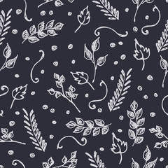 Seamless vector pattern, hand drawn background with flowers, branch, leaves, dots. Hand sketch drawing. Doodle funny style. Series of Hand Drawn seamless childish Patterns. - 134320891