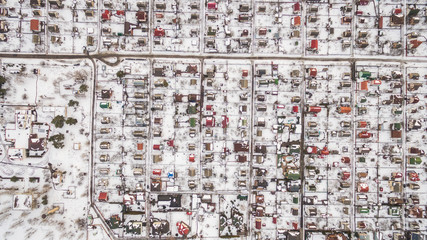 Aerial view of Suburban town in winter. Kiev. Ukraine. Top view
